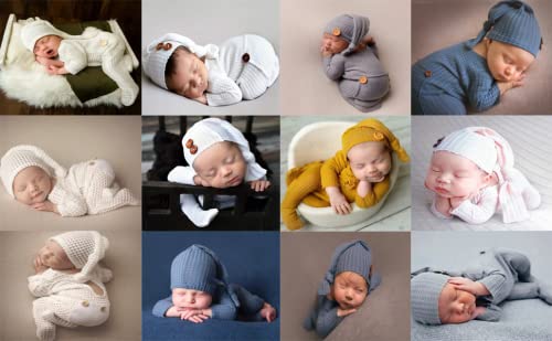 Newborn Baby Photo Shoot Props Girl Boy Crochet Knit Hat Costume Stripe Hat Pants Overalls Photography Props (Off White)
