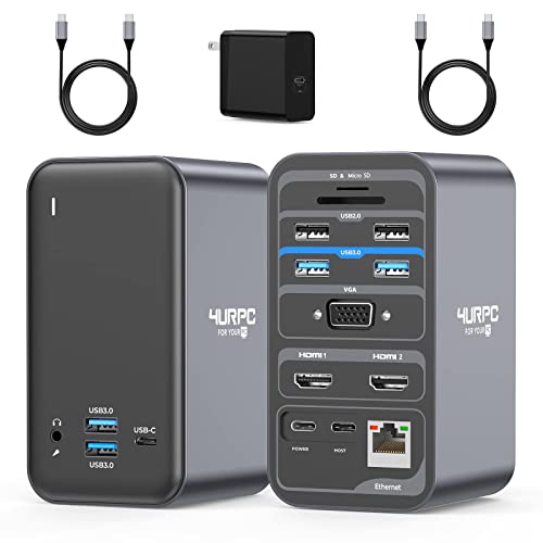 Usb C Docking Station Dual Monitor, Dual Hdmi Usb C Dock, Laptop Docking Station With 2 Hdmi Ports, Vga, 65W Power Adapter,6 Usb