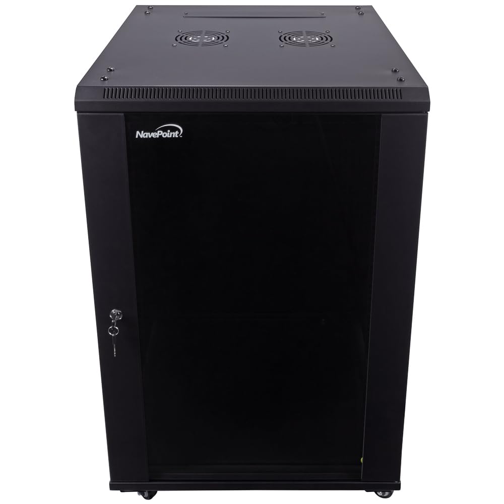 Navepoint 18U Server Cabinet Wall Mount Rack Enclosure With Caster Wheels, 2 Fans, Locking Glass Door, Removable Side Panels   1