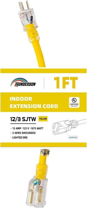 Honderson Indoor Outdoor Extension Cord Weatherproof With Lighted End, Ul Listed, 12 Gauge 1Ft Yellow 3 Prong Heavy Duty Extensi