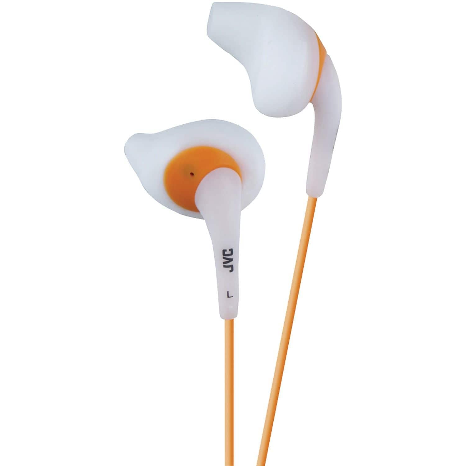 JVC White and Orange Nozzel Secure Comfort Fit Sweat Proof Gumy Sport Earbuds with long colored cord HA-EN10W