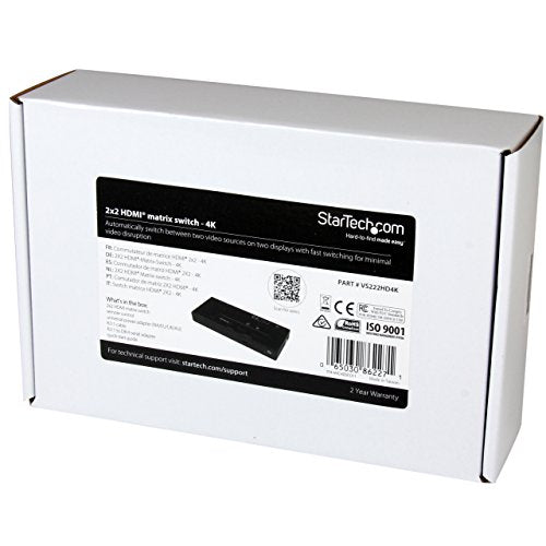 Startech.Com 2X2 Hdmi Matrix Switcher   4K Ultrahd Hdmi Switch With Fast Switching, Auto Sensing And Serial Control (Vs222Hd4K),