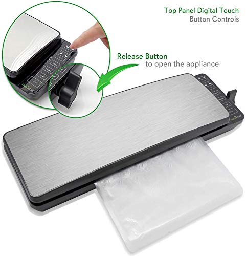 Automatic Food Vacuum Sealer System   110W Sealed Meat Packing Sealing Preservation Sous Vide Machine W/ 2 Seal Modes, Saver Vac Roll Bags, Vacuum Air Hose   Nutrichef Pkvs35Sts (Stainless Steel)