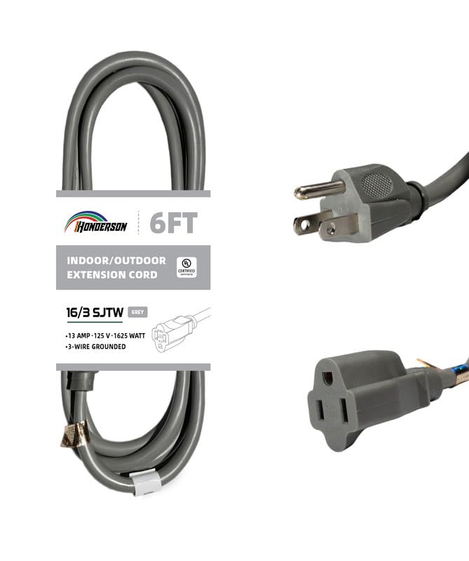 Honderson Indoor Outdoor Extension Cord Weatherproof, Ul Listed, 16 Gauge 6Ft Grey 3 Prong Heavy Duty, 16/3 Sjtw 13A Power Cord