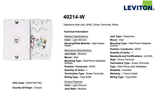 Leviton 40214 W Telephone Wall Jack, 6P4C, Screw Terminal, Light Almond, White