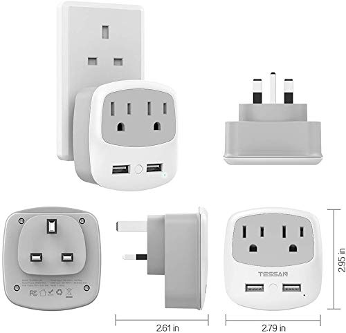 Uk Ireland Travel Plug Adapter, Tessan Type G Power Adaptor With 2 Usb Charger Ports 2 American Outlets, Us To Scotland London E