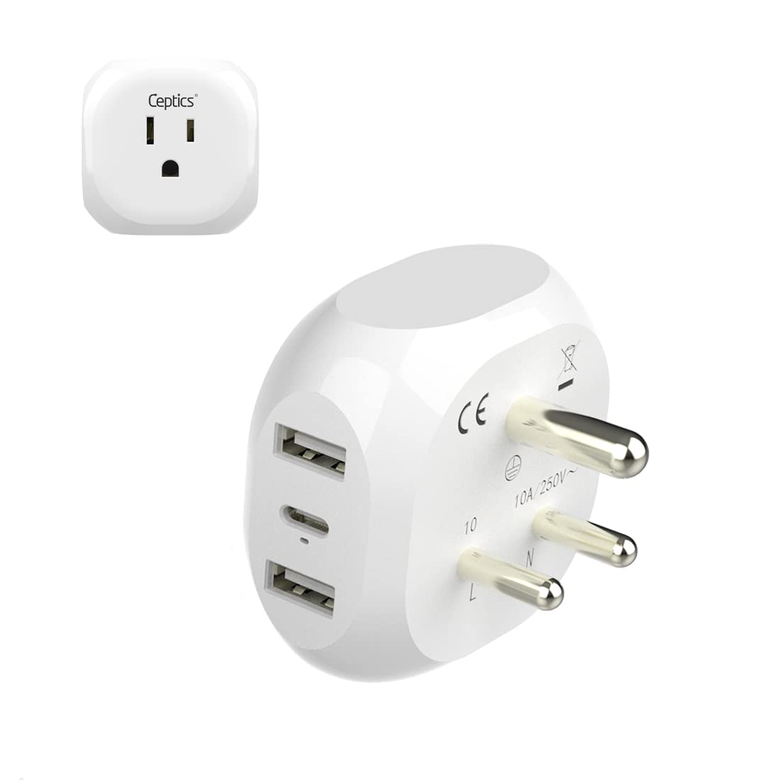 Ceptics India, Pakistan Travel Adapter   5 Input With Qc 3.1A Dual Usb And Usb C   Ultra Compact   Light Weight   Usa To Any Typ