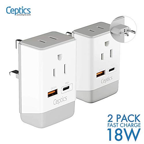 Ceptics European Plug Adapter 2 Pack Set, Qc 3.0 & Pd, Safe Dual Usb & Usb-C - 2 Usa Socket - Compact & Powerful - Type C (Europ