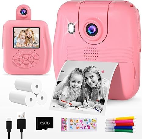 GKTZ Kids Camera - 1080P Instant Digital Print Camera for Kids - Christmas Birthday Gifts for 3-12 Year Old Girls and Boys, Port