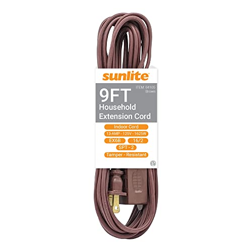 Sunlite 04105 Su Ex9/Br 9 Foot Household Extension Cord, 2 Prong, 16/2 Gauge 13 Amp, Brown 9'