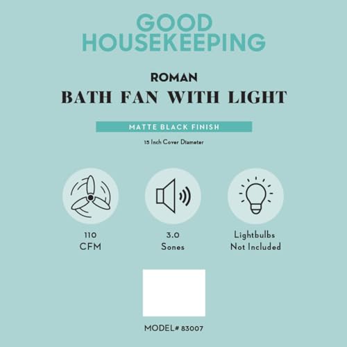 Good Housekeeping Roman (83007) Decorative 110 Cfm 3.0 Sones Bathroom Ventilation Exhaust Fan With Light & Night-Light (Matte Bl