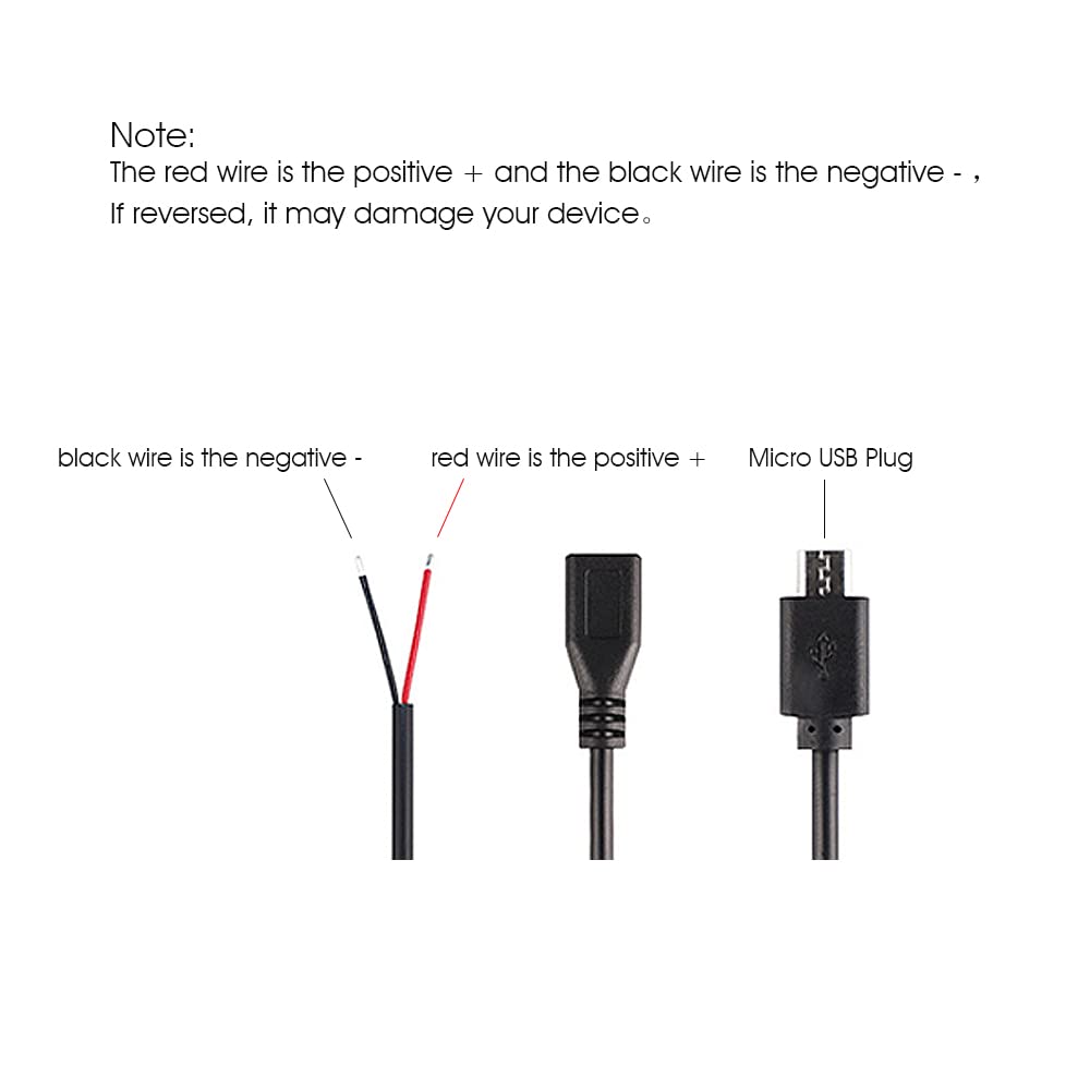 Ksopuert 4 Pcs 1Ft Black Micro Usb 2 Wire Pigtail Cable, 2.1A 5V, 28Awg, 2 Cores, Power Pigtail Repair, 2 Male & 2 Female Plugs