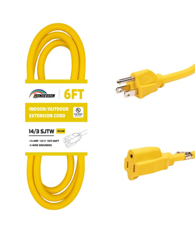Honderson Indoor Outdoor Extension Cord Weatherproof, Ul Listed, 14 Gauge 6Ft Yellow 3 Prong Heavy Duty, 14/3 Sjtw 15A Power Cor