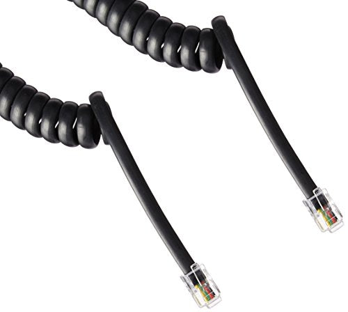 Ecore Cables Black Coiled Telephone Handset Cord   25 Foot Long Length   1.5 Inch Flat Leader