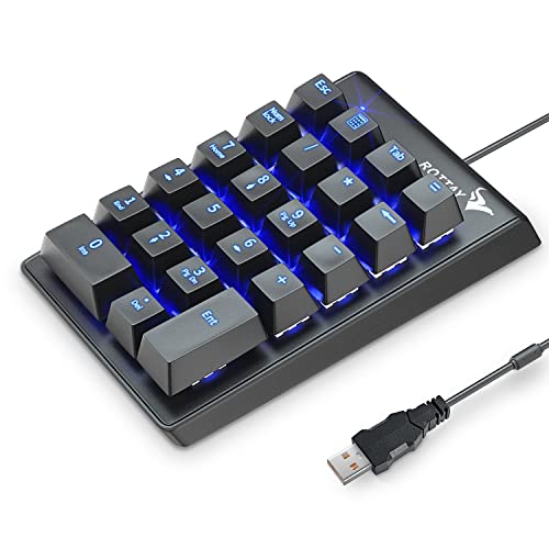 Rottay Number Pad, Mechanical Usb Wired Numeric Keypad With Blue Led Backlit 22 Key Numpad For Laptop Desktop Computer Pc Black 