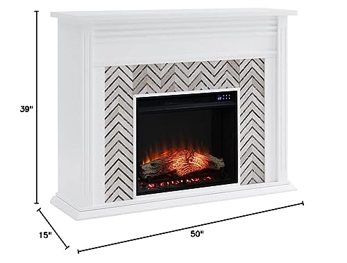 Sei Furniture Hebbington Wood Tiled Marble Electric Fireplace In White
