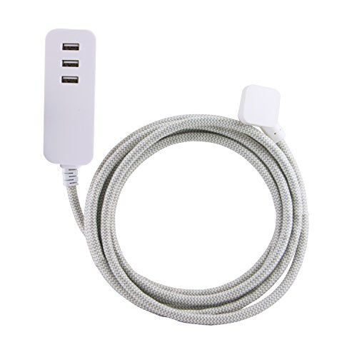 Cordinate Designer 3 Usb Charging Extension Cord With Surge Protection, Gray, Braided D  Cor Fabric Cord, 10 Ft, Low Profile Plu