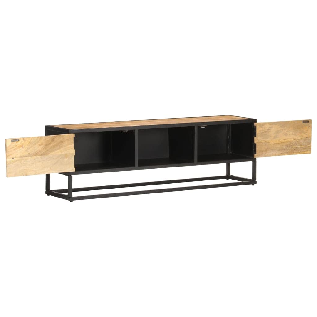 Vidaxl Tv Stand/Cabinet - Rough Mango Wood, Carved Doors, With Compartments, Handmade, Industrial Style, For Organized Multimedi