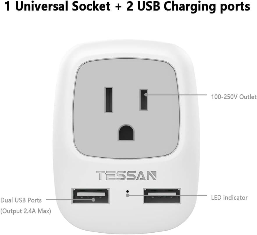 Tessan South Africa Power Adapter, Type M Travel Plug Adaptor With 2 Usb & 1 American Grounded Outlet For Usa To Bhutan, Botswan