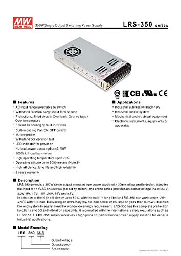 Mean Well Lrs 350 24 350.4W 24V 14.6 Amp Single Output Switchable Power