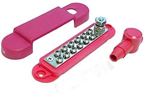 Bay Marine Supply Busbar   12 Point Power Distribution Block (240A Rating)   #8 Terminal Screws & 1/4'' Stud   Red Bus Bar