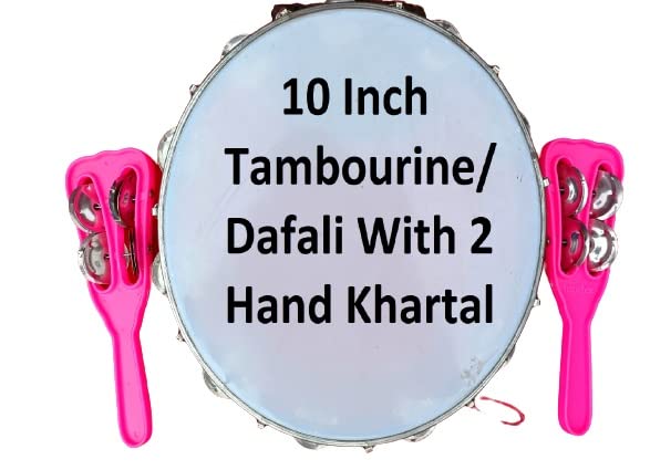 10 inchTambourine/Khanjari/Dafali With 2 Hand Khartal Hand Percussion Musical Instrument, (Limited Period offer) COLOURS (As Per