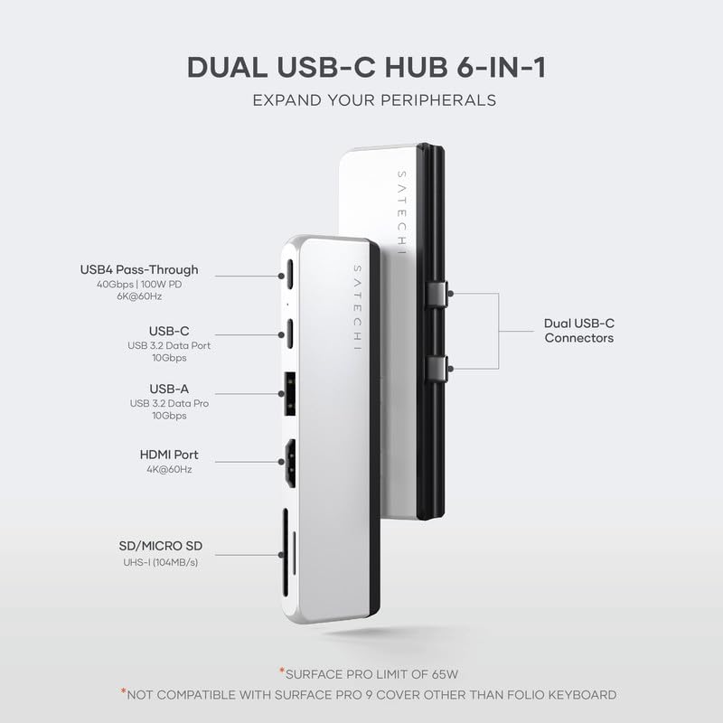 Satechi Dual Usb C Hub For Surface Pro 9, Microsoft Surface Pro 9 Docking Station With 3.2 Usb A, 4K/60Hz Hdmi, Usb4 Pass Through, 3.2 Usb C, Uhs I Sd/Tf Card