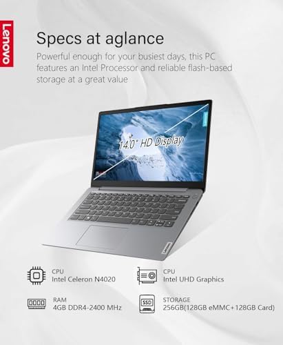 Lenovo Ideapad 1 Business Laptop - 14 Hd Display, Intel Celeron N4020, 4Gb Ram, 256Gb Storage(128Gb Emmc + 128Gb Sd Card), Intel