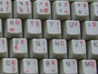 French Bepo Keyboard Stickers Red Lettering Transparent Background