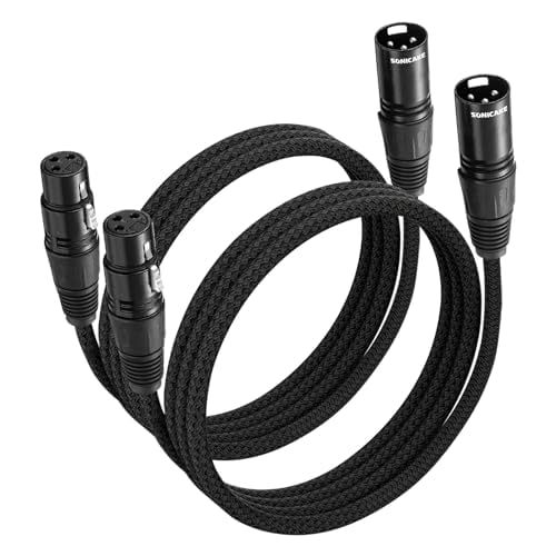 SONICAKE XLR Microphone Cable Male to Female 3 Pin Nylon Braided for Studio Recording and Live Production 6 Feet/2M, 2 Pack Blac