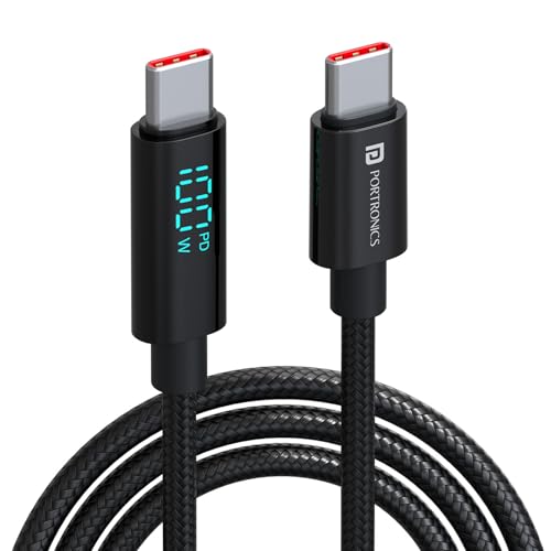 Portronics Konnect View 100W Type C To Type C Cable With Led Display With 5A Max Output, Fast Data Sync, 1.2M Length, Tangle Res
