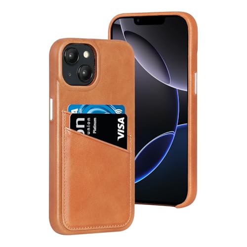 LUCKYCOIN Genuine Leather iPhone 13 Wallet Phone Case with Card Holder Shockproof Tan 6.1 inch