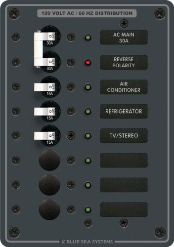 Blue Sea Systems 8027 Traditional Metal Panel, Ac Main + 6 Positions, 5 1/4 W X 7 1/2 H