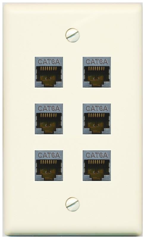 Riteav   (1 Gang Flat) 6 Port Cat6A Ethernet Shielded Wall Plate   Flat [Light Almond]
