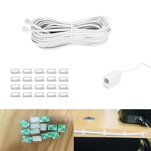Seefeful 50 Feet Long Telephone Extension Cord Phone Cable Line Wire, With Standard Rj11 Plug And 1 In Line Couplers And 20 Cabl