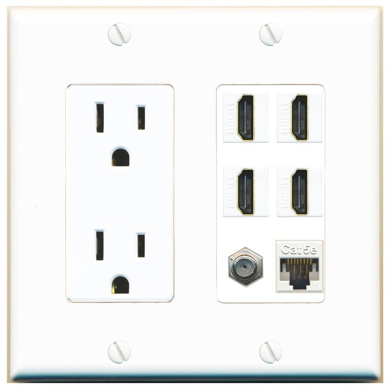 Riteav 15A Power Outlet 4 Port Hdmi 1 X Cat5E Ethernet Coax Cable Tv Wall Plate (White)