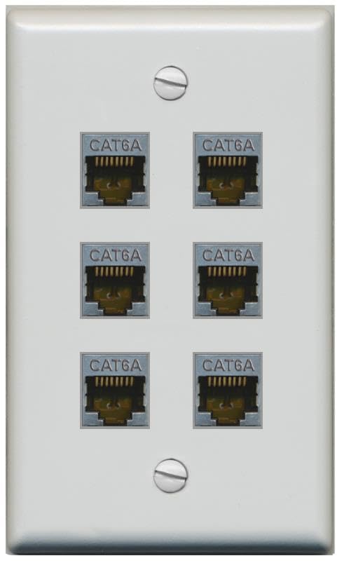 Riteav   (1 Gang Flat) 6 Port Cat6A Ethernet Shielded Wall Plate   Flat [Gray/Gray]