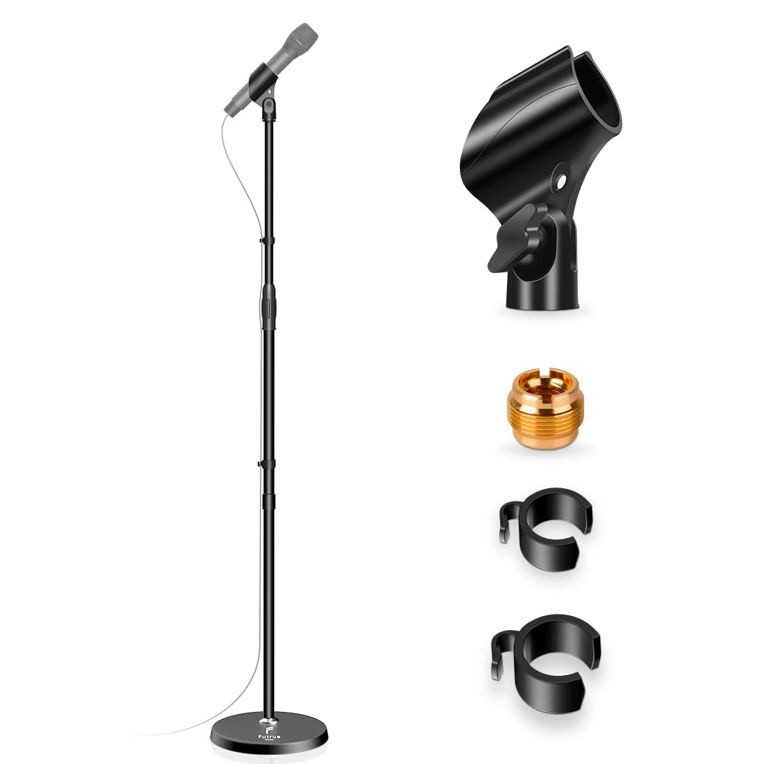Futrue-Wolker Microphone Stand Mic Floor Stand, Adjustable Height from 39 to 66, 180 Rotatable Mic Clip Heavy Duty Round Base Bo