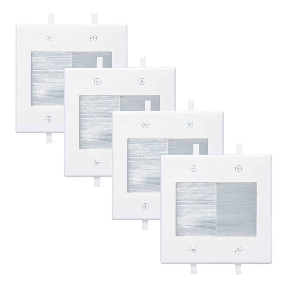 Kebulldola 2 Gang Brush Wall Plate, White 2 Gang Wall Plate With Low Voltage Mounting Bracket For Cable Pass Through (Pack Of 4)