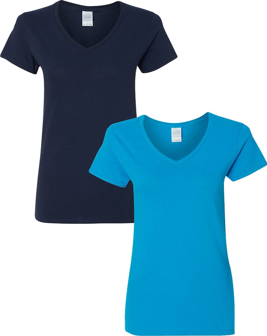 Gildan Womens Heavy Cotton V Neck T Shirt 2 Pack Med Navy Sapphire