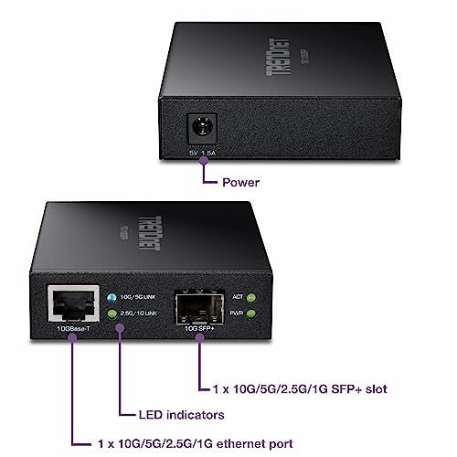 Trendnet 10Gbase T To Sfp+ Fiber Media Converter, Tfc 10Gsfp, 1 X 10G Rj 45 Port, 1 X 10Gbps Sfp+ Slot, Sfp+ To 10G Rj 45, Power