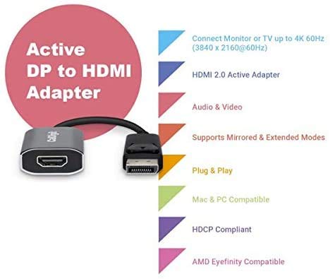 Caldigit Displayport To Hdmi Active Adapter (Uni Directional Dp 1.2 Male To Hdmi 2.0 Female) 4K 60Hz Uhd (3840 X 2160), High Ref