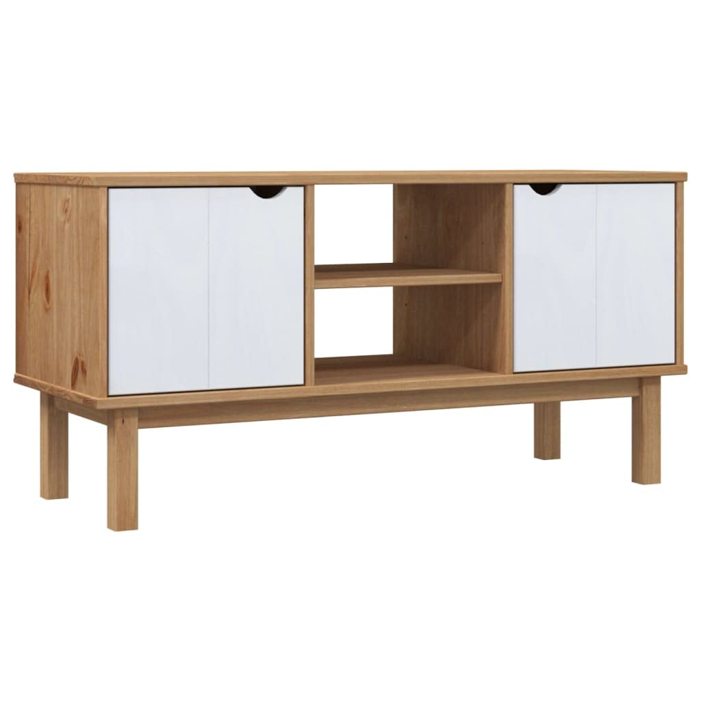 Vidaxl Otta 44.7''X16.9''X22.4'' Tv Stand, Brown And White, Scandinavian Style, Made From Solid Pinewood, With Ample Storage Spa