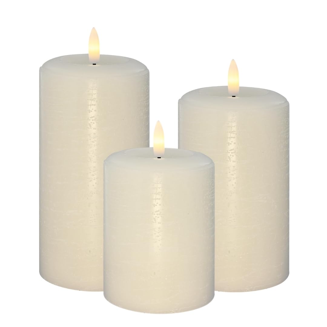 Lumipur Essentials Natural Glow Flameless Flickering Wax Pillar 3 Pack Led Candles (3'' X 4'' 5'' & 6'') Linen White