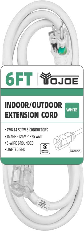 Yojoe Indoor Outdoor Extension Cord With Lighted End, 3 Prong 15A Weatherproof Power Extension Cord, 14 Gauge Heavy Duty 6 Ft Wh
