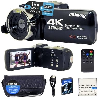 Ultimaxx 4K Camera Camcorder 42Mp Video Recorder Camera Support Vlogging Youtube Tiktok Digital Camcorder With 3' Lcd Screen,18X Digital Zoom For Adults Kids Teens Beginners
