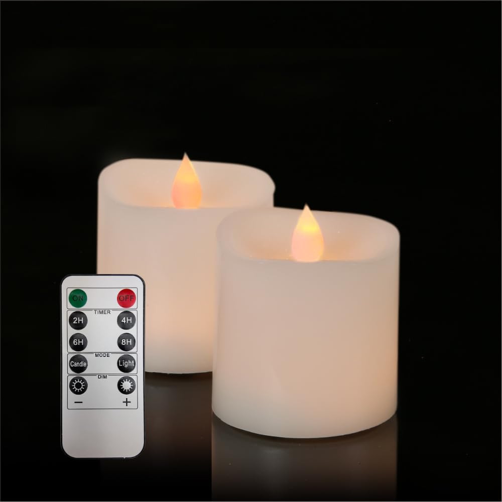 MISSTIME 3x3 Flickering Flameless Candles Set of 2,3 inch Real Wax LED 600 Hours Battery Candles with Timer Remote,Control for W