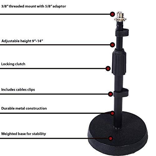 Lyxpro Desktop Microphone Stand   9'' 14'' Adjustable Height Desk Mic Holder   Weighted Cast Iron Base   3/8'' 5/8'' Adapter Scr