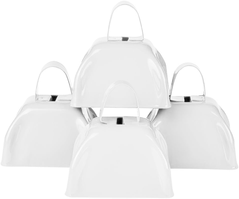 Metal Cowbells   White 3 Inch Cow Bells Noise Makers, Loud Call Bell With Handles For Sporting Events, Cheering, Team Spirit, No