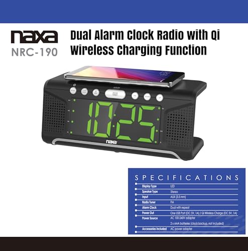Naxa Electronics Nrc-190 Dual Alarm Clock With Qi Wireless Charging Function For Smartphones/Ipod/Iphone/Tablets, Led Display, B